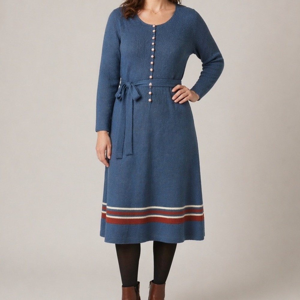 Vintage 70s Dress 100% Virgin Wool Blue Ribbed Knit Midi 14 British Hong Kong